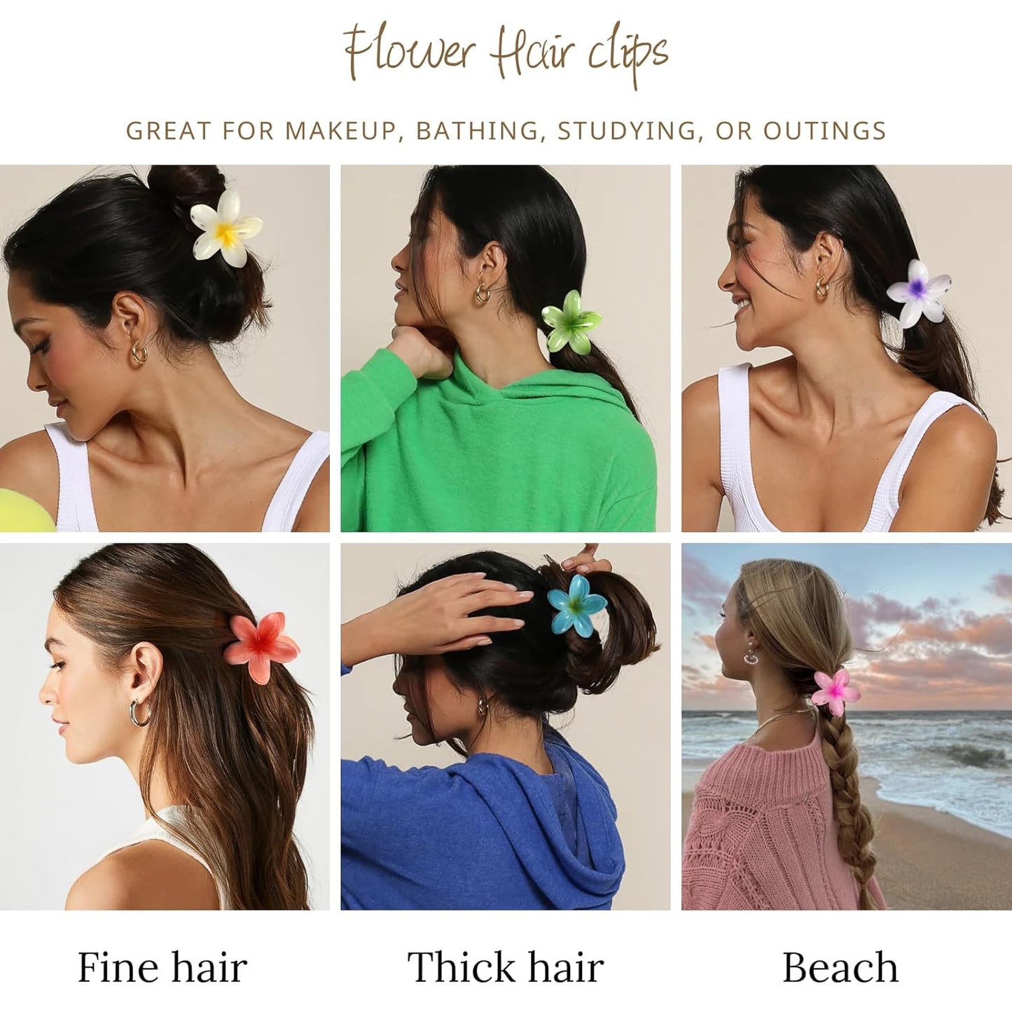 Hawaiian Flower Hair Clips – 6 Pack Colorful Claw Clips for Women & Girls, Large Aesthetic Hair Accessories for Thick or Thin Hair, Summer Beach Vacation Gift