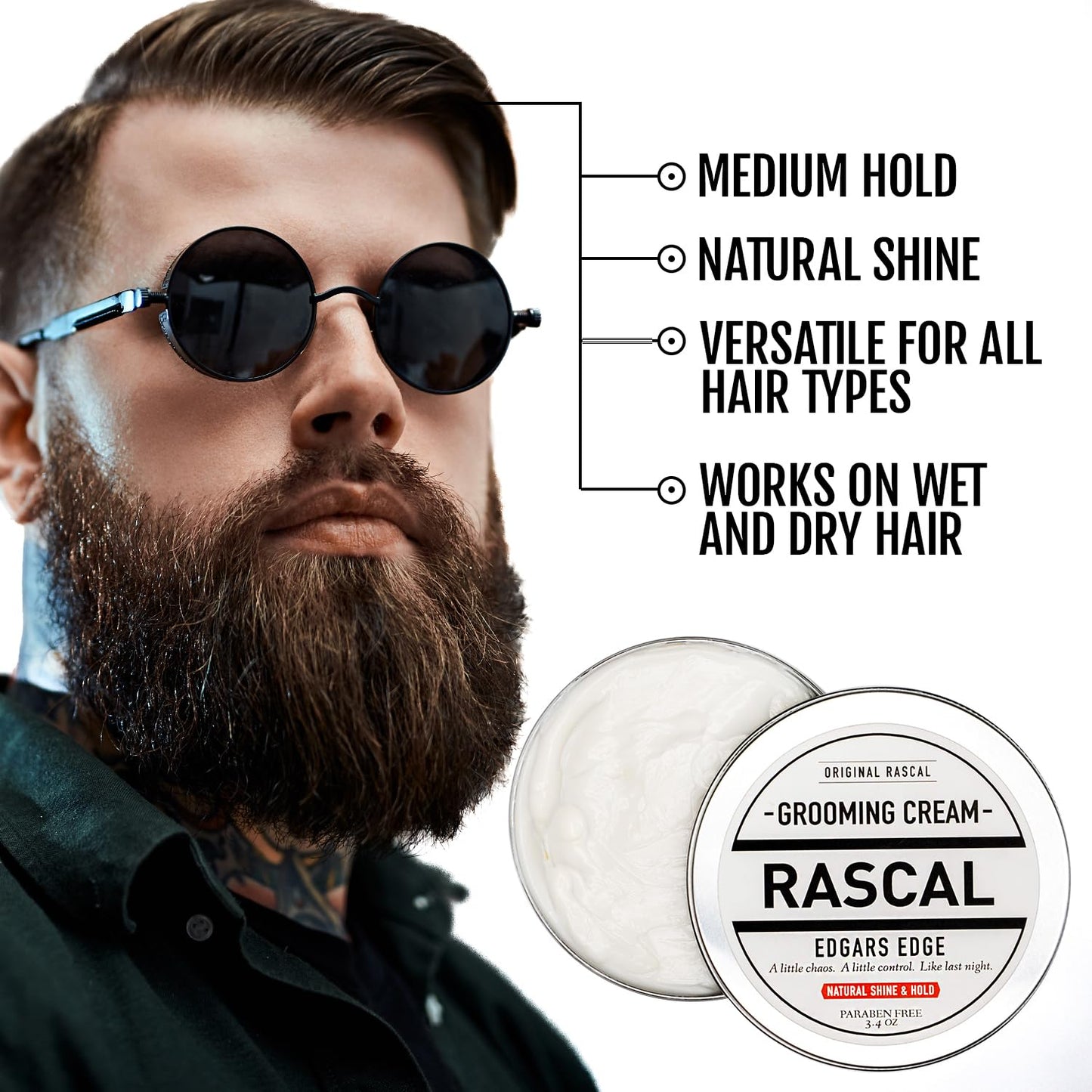 Rascal Original Edgar's Edge Grooming Cream - Hair Cream for Men with Medium Hold & Natural Shine, Mens Hair Conditioning & Styling Solution for All Hair Types, Made with Beeswax & Castor Oil - 3.4 Oz