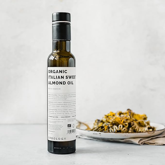 100% Organic Sweet Almond Oil 250ml - Cold-Pressed - Rich in Skin-Nourishing Vitamin E - Straight from Farm in Italy - Non-GMO - No Additives or Preservatives - Recyclable Glass Bottle