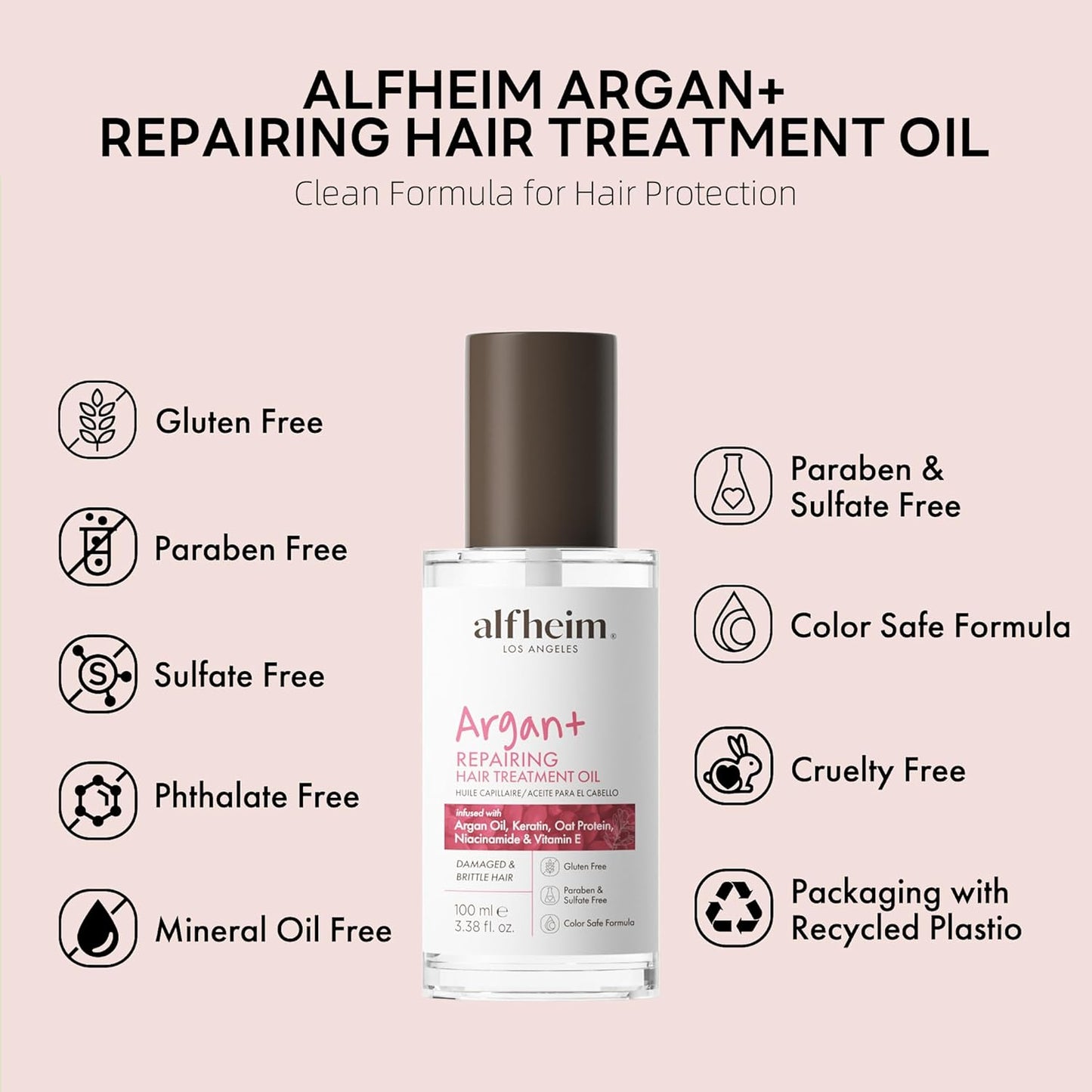 ALFHEIM Argan+ Repairing Hair Oil Serum for Dry, Damaged & Frizzy Hair with Argan Oil, Keratin, Panthenol & Vitamin E – Deep Nourishment, Smoothness & Shine – Non-Greasy, Sulfate Free – 3.38 oz