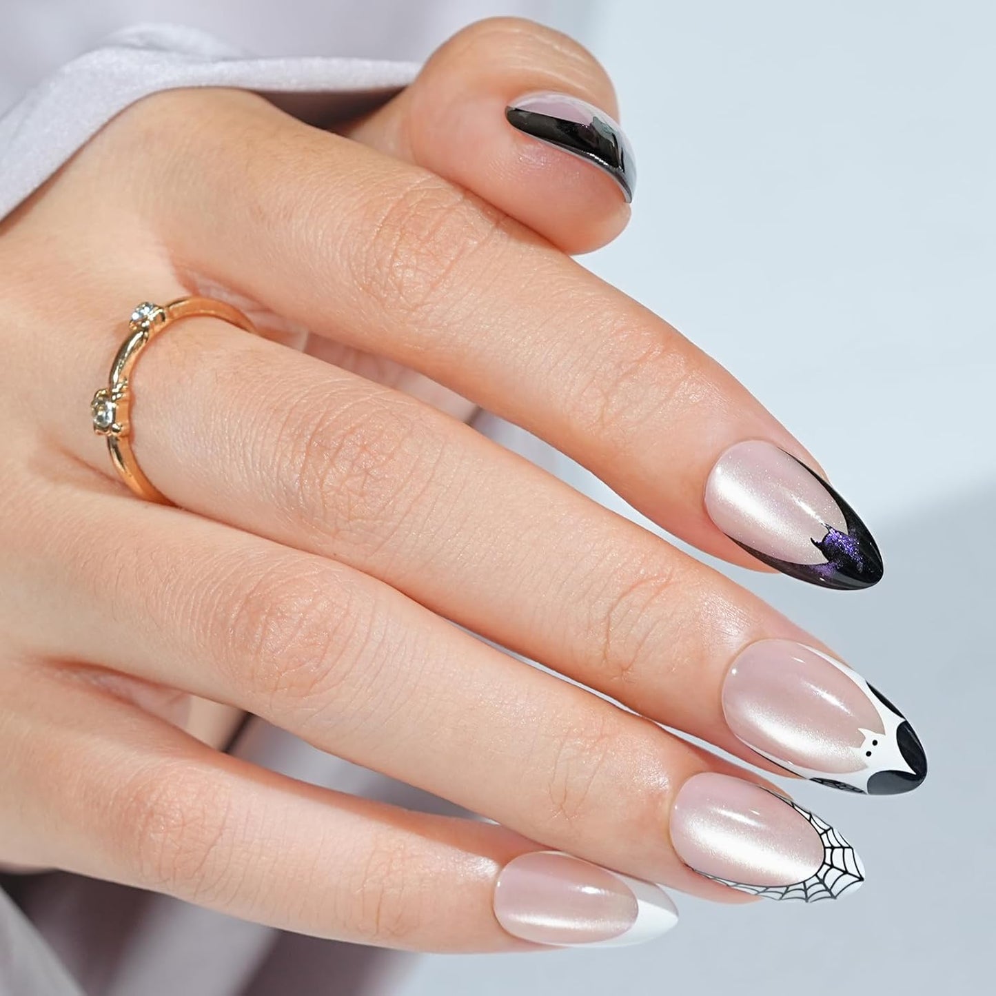 Halloween Press On Nails Almond - Vampire Bat Black French Tip Press On Nails Short Cat Eye Acrylic Square Halloween Nails with Glue Stick On Nails Fake Nail in 16 Sizes - 32 PCS Soft Gel Kit