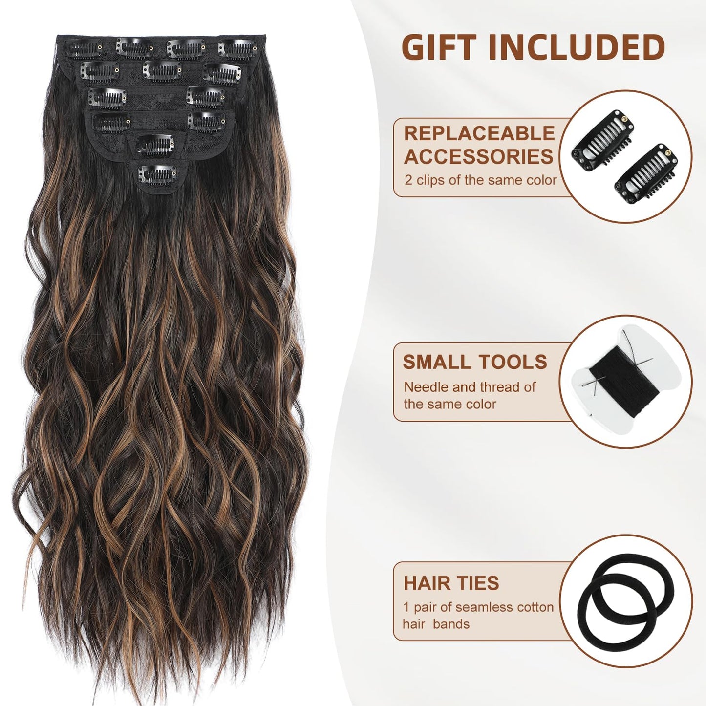 Clip in Hair Extensions, 6 PCS Natural & Soft Hair & Blends Well Hair Extensions, Dark Brown Long Wavy Hairpieces(24inch, 6pcs, Black with Brown Highlights)