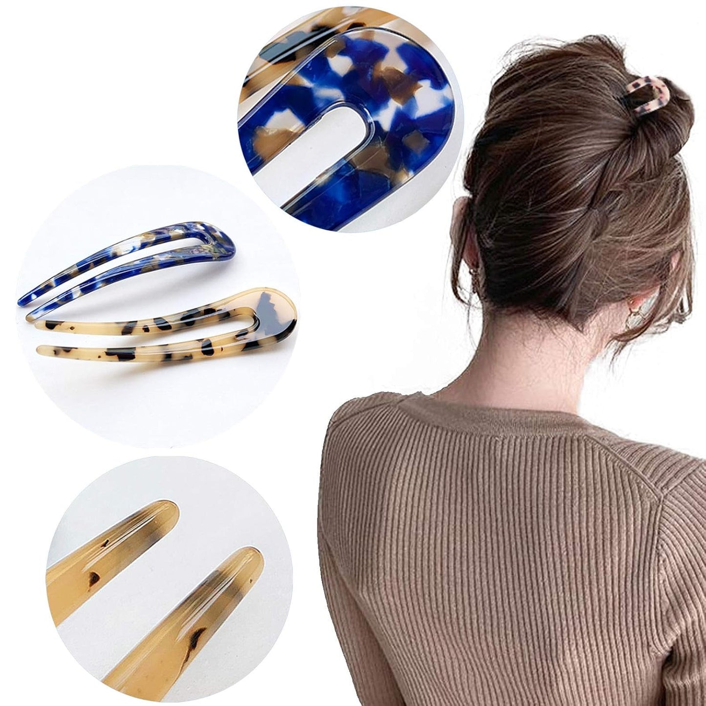 French Hair Forks Tortoise Shell U Shape Updo Hair Pins Clips for Thin Thick Hair, 4.3 inch Classic Cellulose Acetate 2 Prong Bun Hair Sticks Chignon Women Vintage Hairstyle Accessories, 3 Pack
