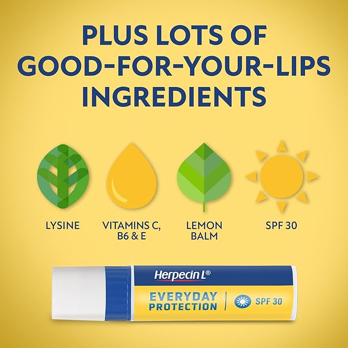 Herpecin L Lip Balm Stick; Cold Sore Sun & Fever Blisters and Chapped Lips Relief Lip Balm with SPF30, Lemon Balm, and Lysine, 0.1oz