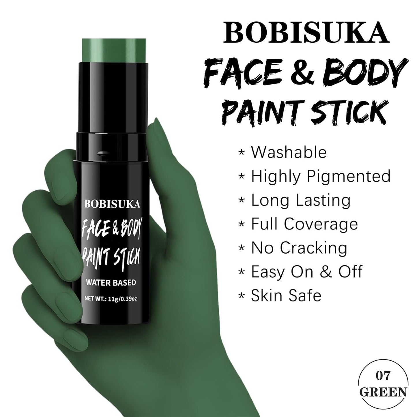BOBISUKA Green Face & Body Paint Stick Water-Based Washable Face Paint Makeup Stick for Halloween Zombie, Witch, Hulk, Goblin, Hunting, Camo, Cosplay, SFX, Sports Eye Black & Costume Party