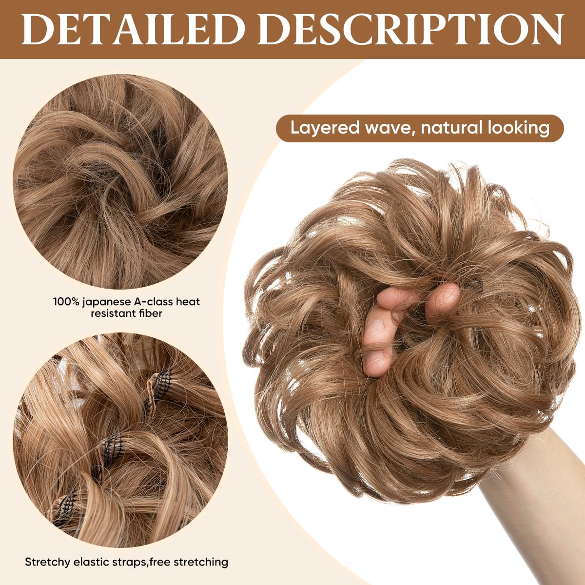 CJL HAIR Large Messy Bun Hair Piece Wavy Curly Scrunchies Synthetic Chignon Ponytail Hair Extensions Thick Updo Hairpieces for Women Bernstein Multi