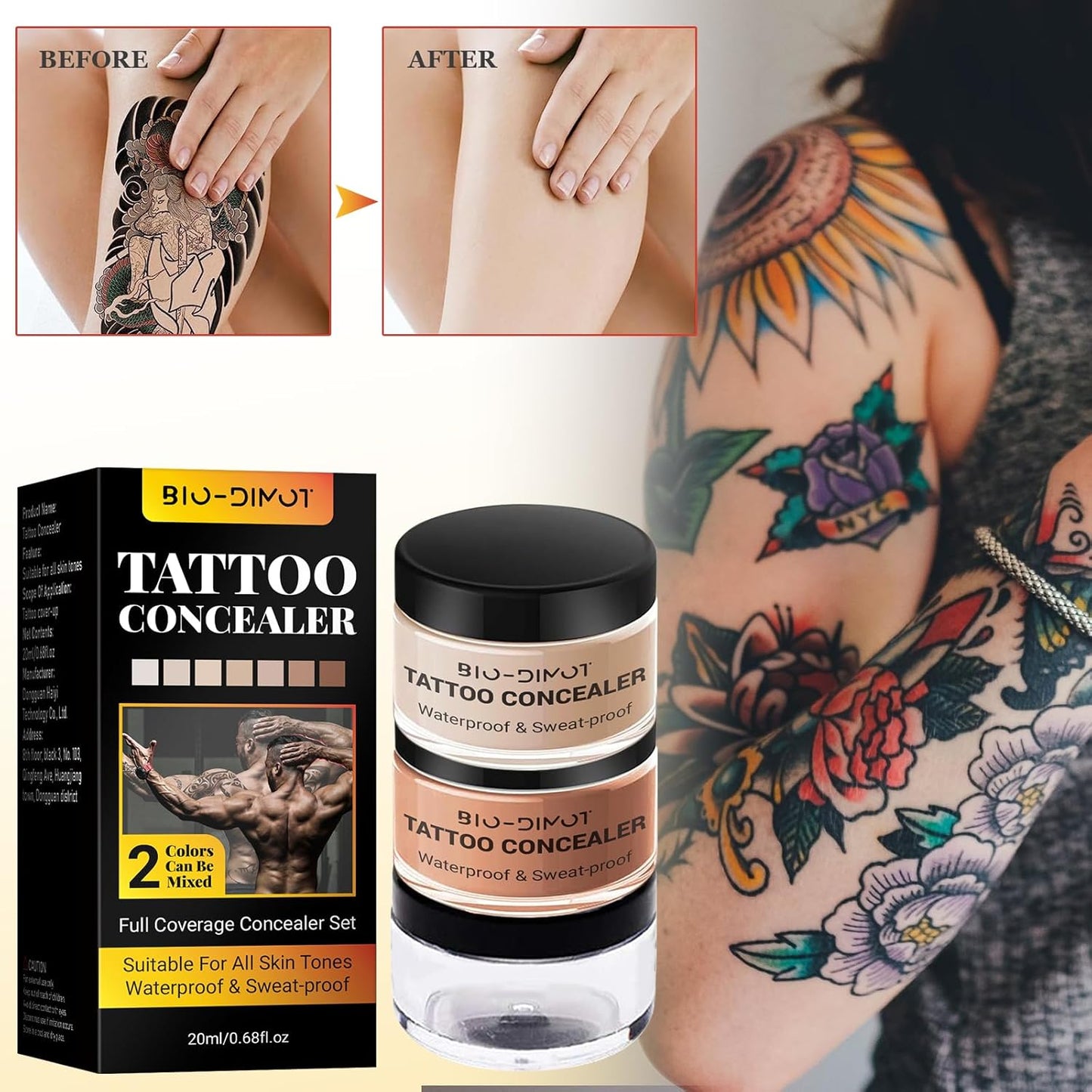 BIO-DIMOT Tattoo Cover Up, 2 Colors Waterproof & Sweatproof Tattoo Cover Up Makeup, Invisible & Natural, Skin-Friendly Body Makeup Suitable for Tattoos, Scars, Spots & Vitiligo (1PCS)