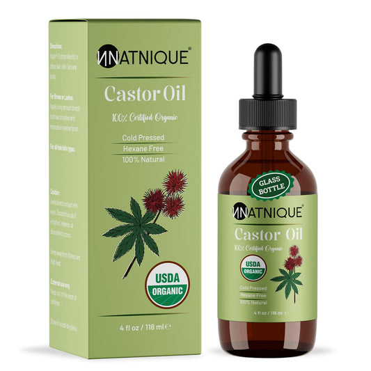 Natnique Castor Oil 4oz – USDA Certified Organic, 100% Pure Cold Pressed Unrefined Oil for Hair Growth, Eyelashes, Eyebrows & Scalp – Natural Skin Moisturizer, Lash Serum & Hair Treatment