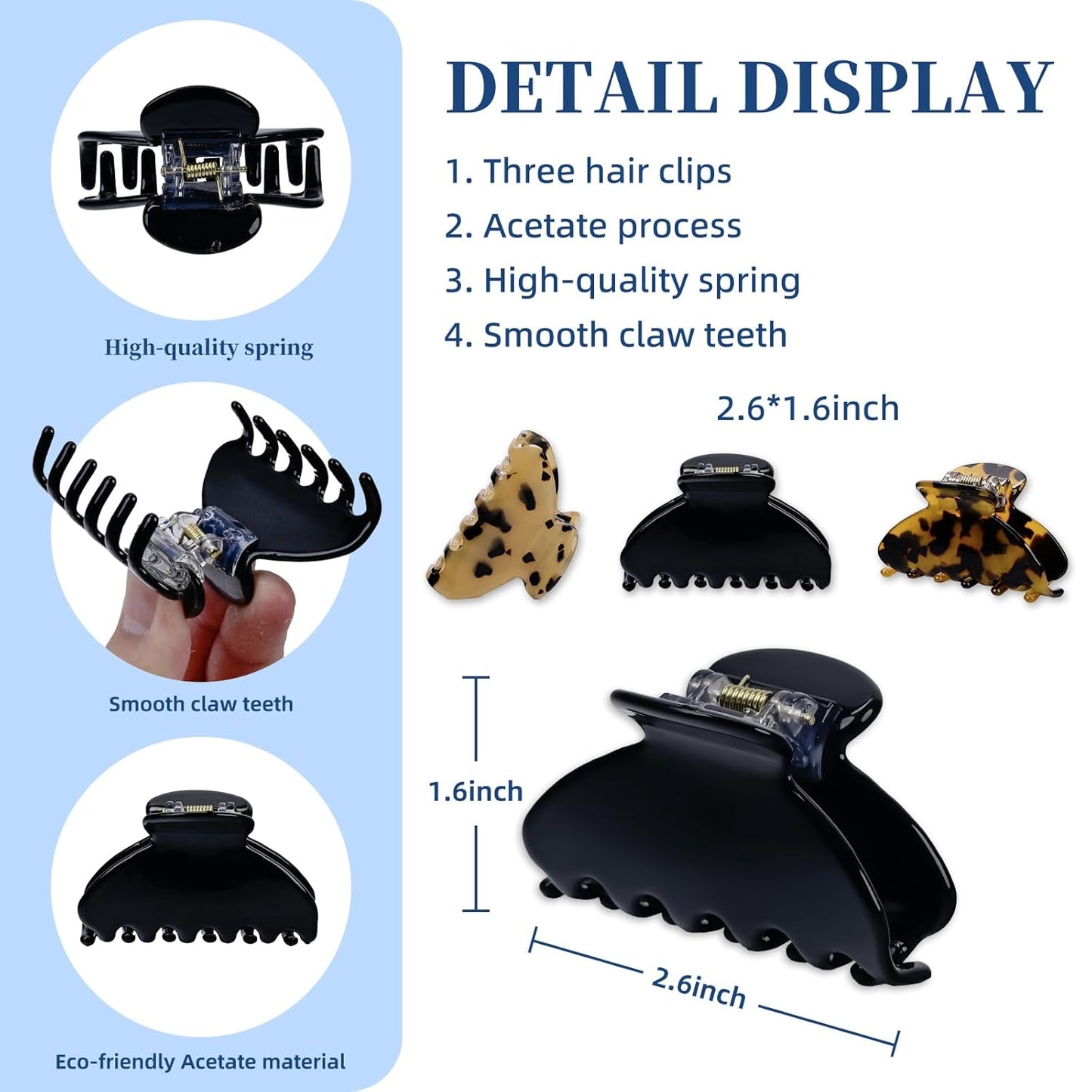 3 Pack Women's Hair Clips Set black - Vintage Tortoise & Leopard Print Non-Slip Claw Clips, Celluloid Jaw Clamps for Medium Hair Hair Accessories Gift for Women