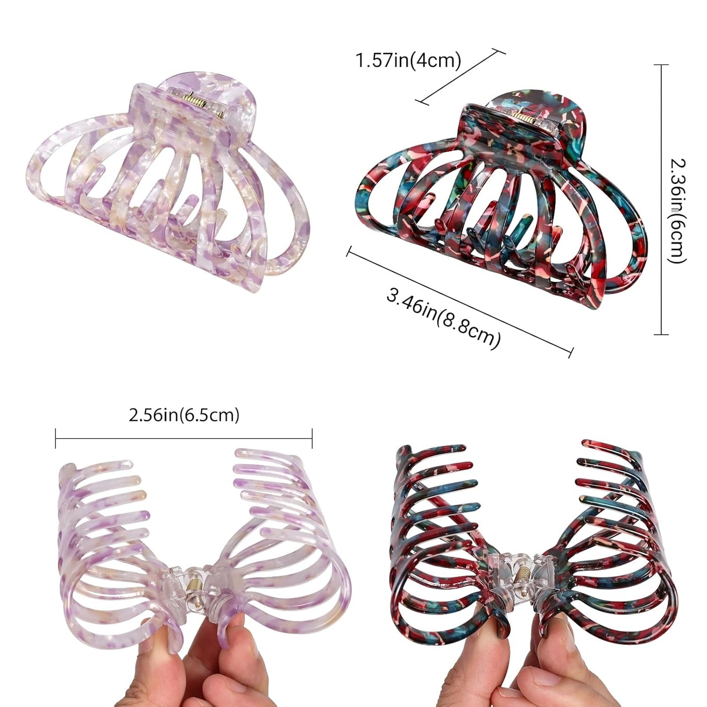 Shinowa Hair Clips, 2-Pack Bohemian Tortoise Shell Hair Claw Clips Strong Hold Big Hair Jaw Clips for Thick Hair, Hair Accessories for Women Girls, Colorful + Pink