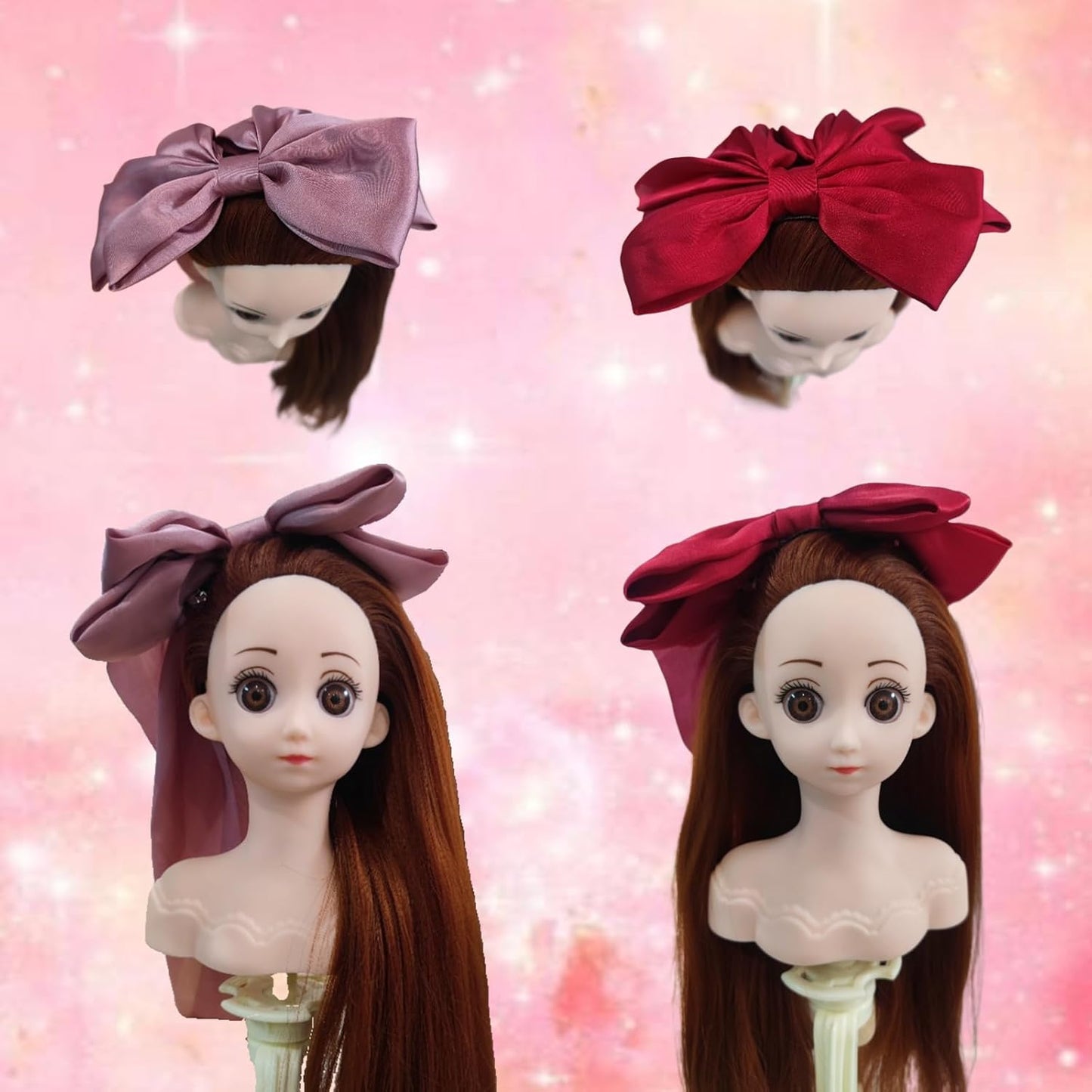 Small Doll Head For Hair Styling,Mini Synthetic Mannequin Head,Doll Head With Clamp Holder & Tools, Practice Doll Head For Hair Braiding,Styling and Cutting with Two Bows (Dark Brown)