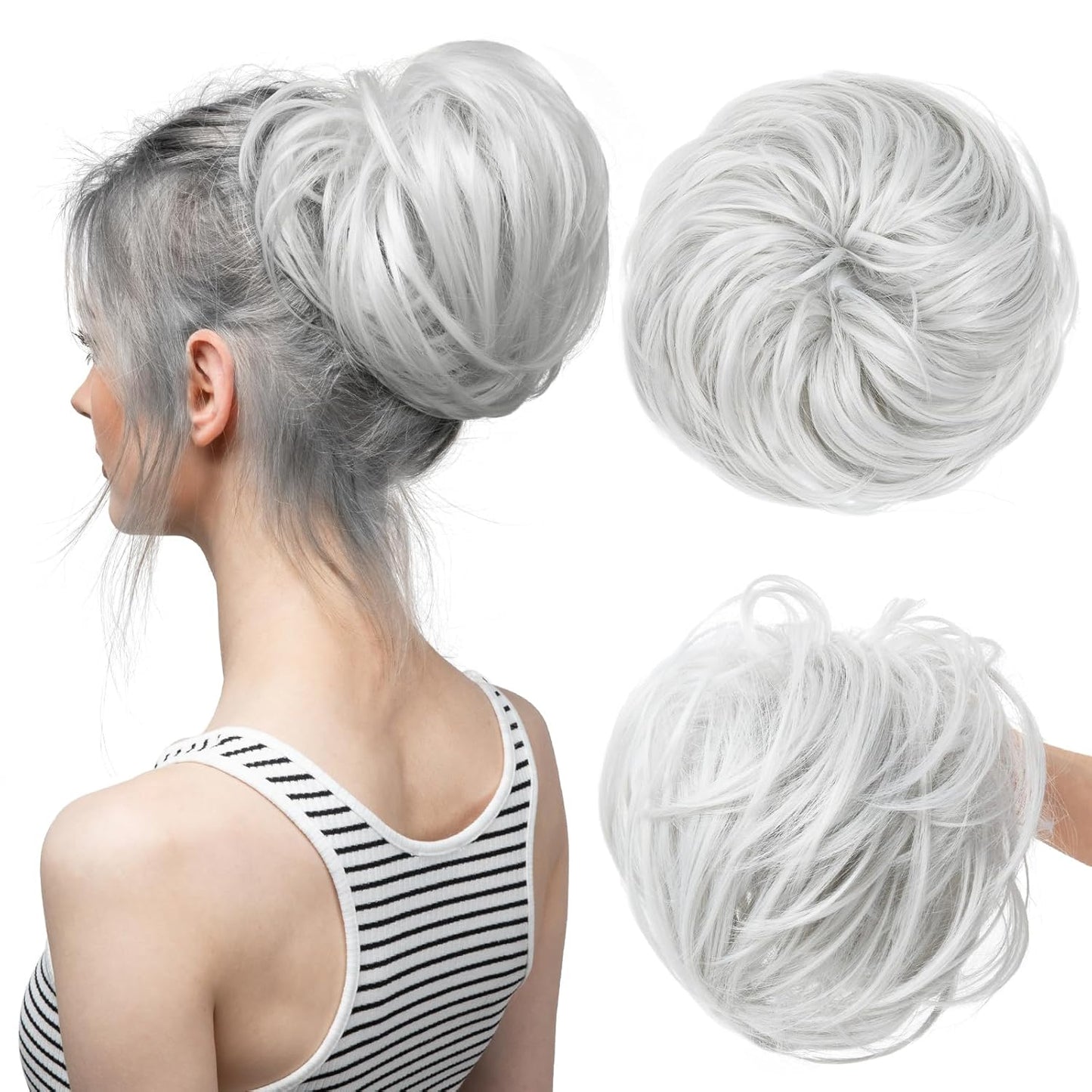CJL HAIR Large Messy Bun Hair Piece Wavy Curly Scrunchies Synthetic Chignon Ponytail Hair Extensions Thick Updo Hairpieces for Women Light Silver Grey