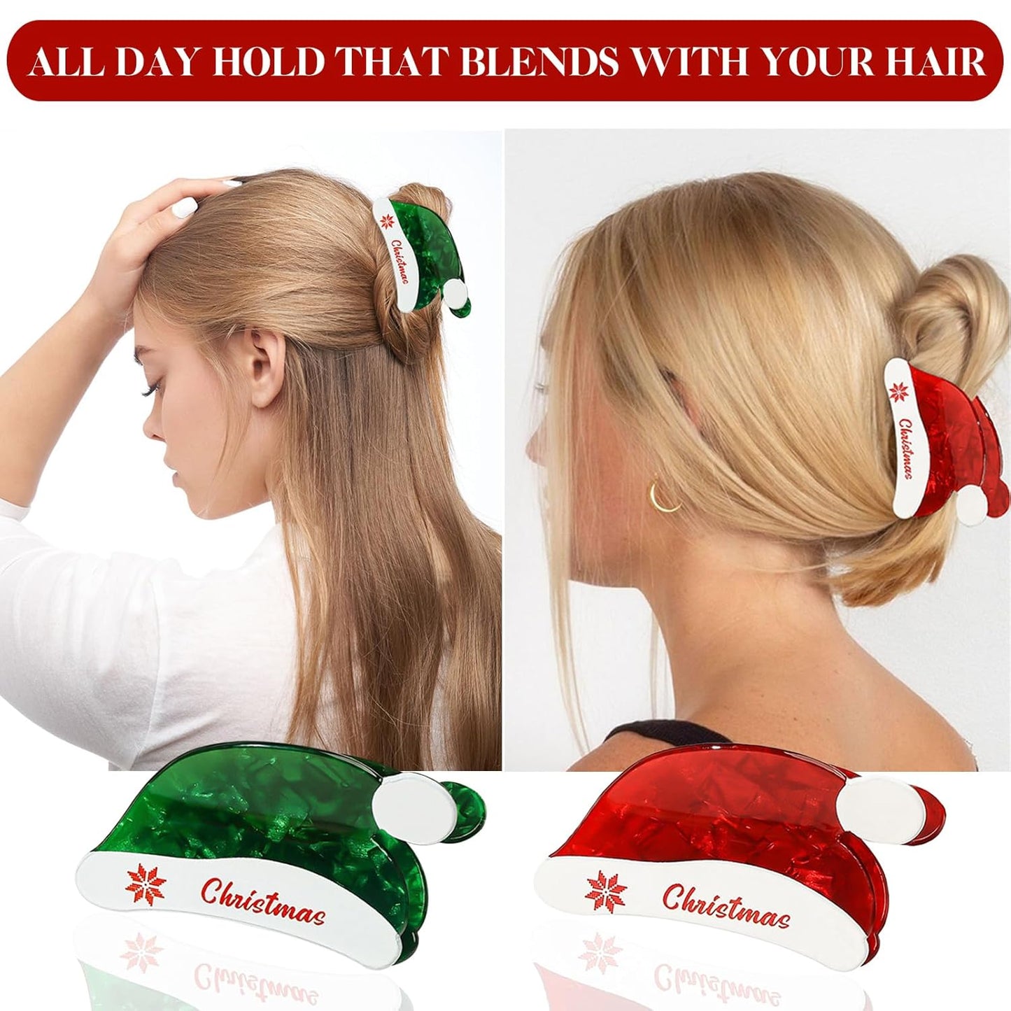 2 Pack Christmas Hair Clips, Christmas Hat Clip for Hair, Christmas Themed Hair Claw for Women, Holiday Claw Clips, Christmas Hair Accessories for Thin Medium Hair, Christmas Claw Clips (Green Red)
