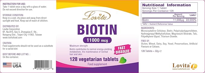 Lovita Maximum Strength 11,000mcg Biotin: Fast-Dissolving, Vegetarian Tablets - Easily Absorbed, Gluten & Dairy-Free, 128 Vegan-Friendly Tablets (Pack of 3)