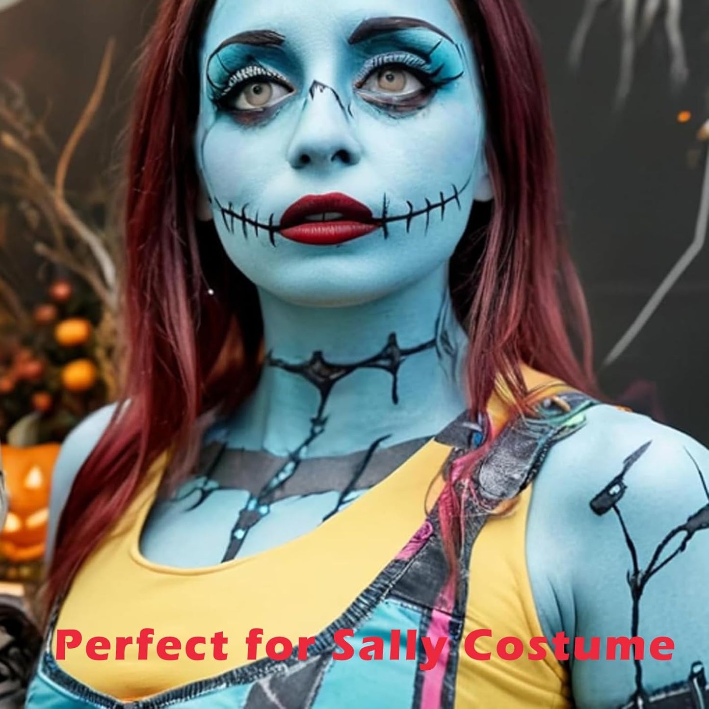 Sally Makeup Kit,Corpse Bride Halloween Makeup Kit,Water Based Light Blue Face Body Paint+Black Eyeliner+Red Lipstick+Sponge,Baby Blue Face Painting Kit for Sally Costume Cosplay