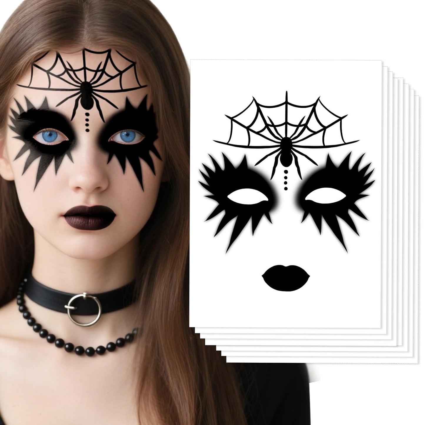 Halloween Face Tattoos, Spooky Temporary Tattoo Stickers, Face Tattoo Decals with Spider&Spiderweb,Makeup Tattoo Stickers,Halloween Face Sticker Tattoos Art for Women Men Adults Kids 8Pcs