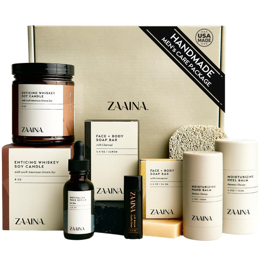 ZAAINA Men’s Self Care Kit – Luxury Spa Gift Set for Men with Face Serum, Soaps, Heel Balm & Lip Balm – Grooming Care Package for Men – Birthday & Relaxation Kit (Premium Set with Whiskey Candle)