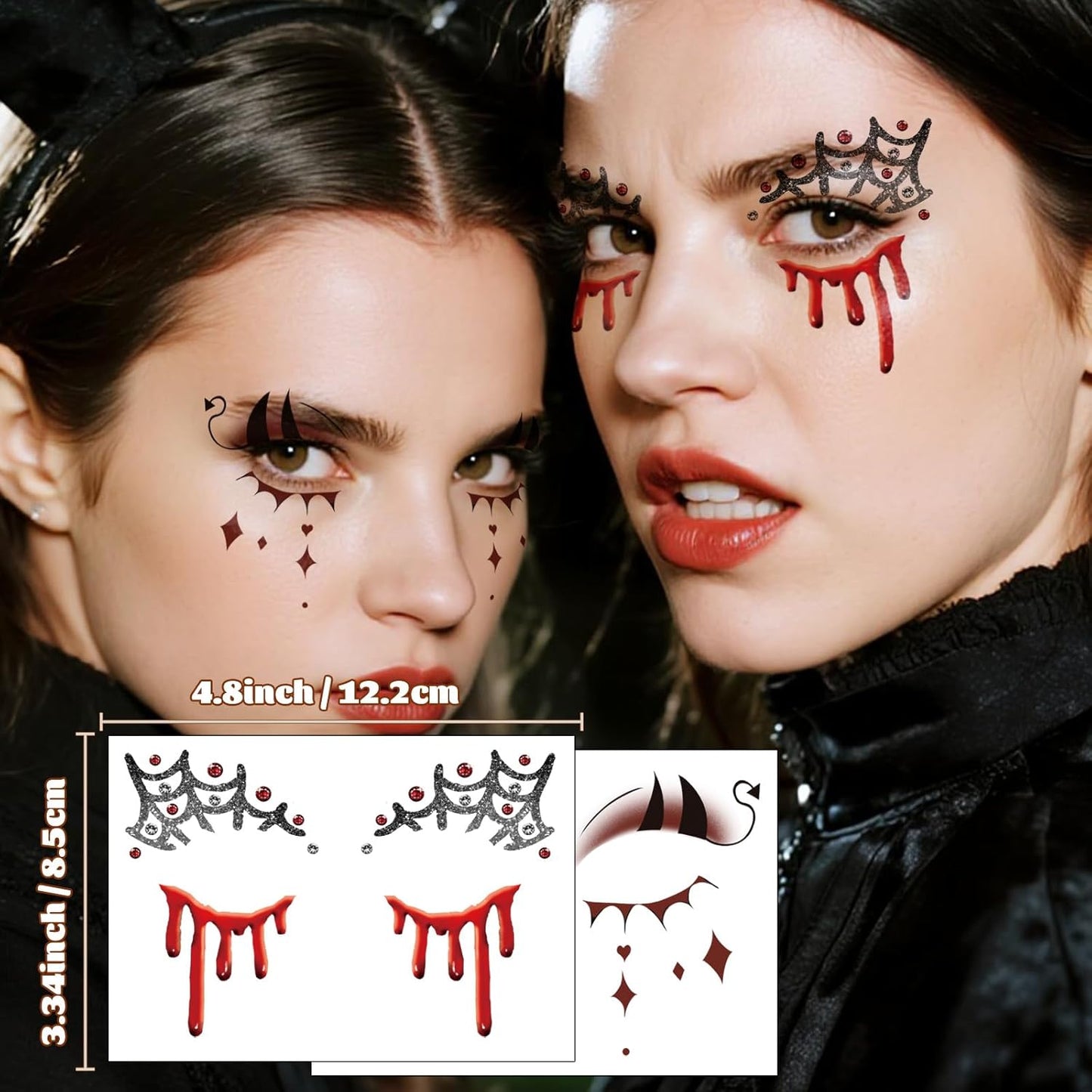 16 Sheets Halloween Face Temporary Tattoo, Spiders Web Bats Skulls Bloody Palm Upper & Lower Lash Realistic Designs Scary Motifs Tattoos for Men & Women Cosplay Party & Festive Face Makeup Decoration