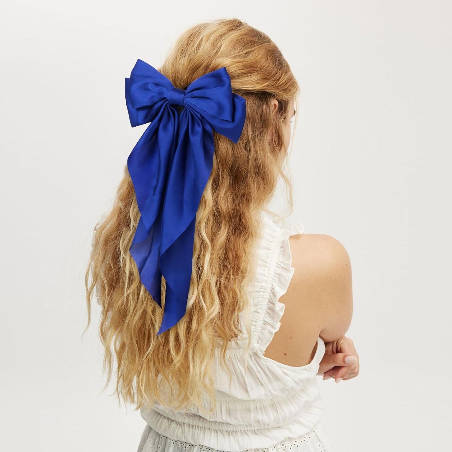 Silky Satin Hair Bows for Women Girls - 4PCS Ribbon Bows for Hair, Big Bow Hair Clips with Long Tail, Barrettes - Cute Hair Accessories Gifts (Navy, Royal Blue, Blue, White)
