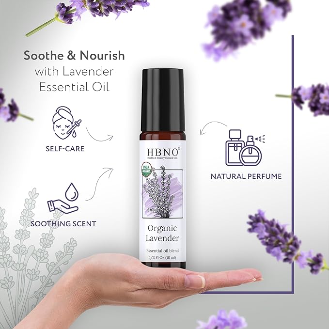 HBNO Organic Lavender Essential Oil Roll-On - 1/3 oz (10 ml) Travel Size - USDA Certified Organic Lavender and Mct Oils - Perfect for Traveling, Aromatherapy, Massage, perfumes, moisturizer