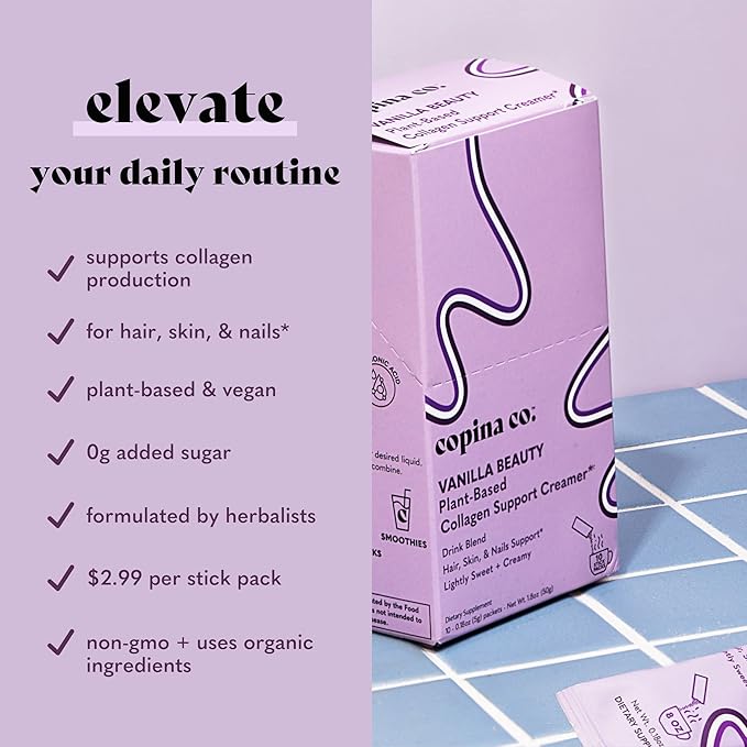 Vanilla Beauty Vegan Collagen Booster Creamer: Plant Based Collagen Support Smoothie Drink Vegan Blend Variety Pack | Vanilla Flavor | 10 Individual Stick Packs per Carton