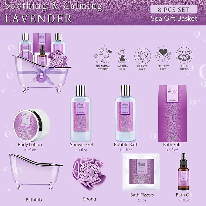 Bath Spa Basket Gift Set, Bath & Body Gift Set for Women, Lavender Scent, Includes Body Lotion, Shower Gel, Bath Salts, Bubble Bath, Bath Fizzers, Bath Oil, Birthday Bath Set Gift Idea