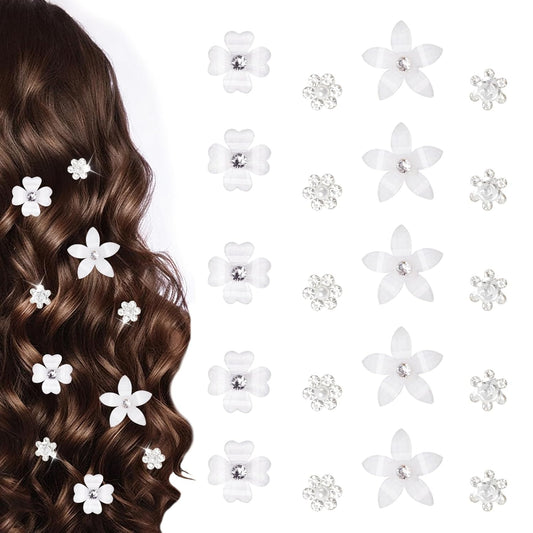 20PCS Flower Hair Clips, 4 Styles Small Hair Clips Cute Flower Girl Hair Accessory with Rhinestone White Bridal Wedding Small Flower Hair Clips for Women Girls