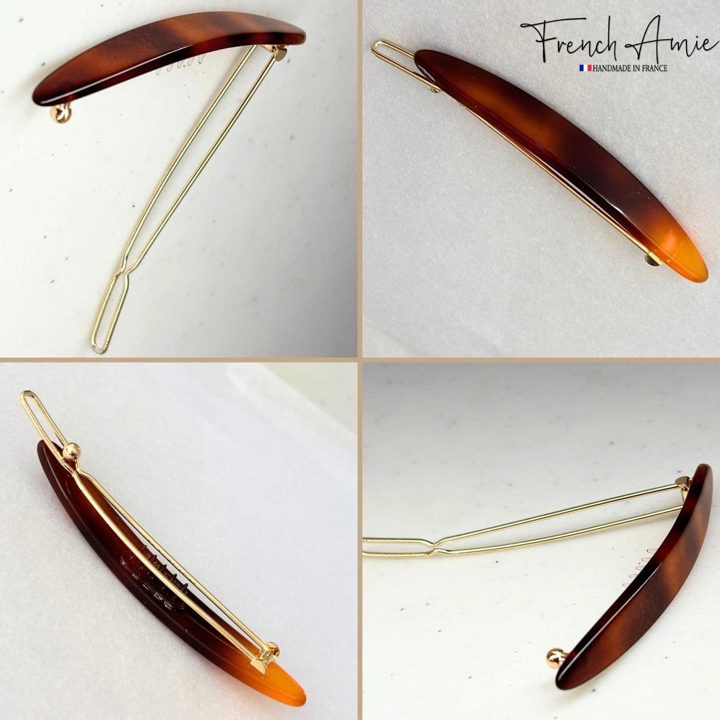 French Amie Narrow Oblong Small 2 1/4" Celluloid Acetate Set of 2 Side Slide In Hair Clip Barrettes with Tige Boule Clasp for Girls and Women, Made in France (Shell)