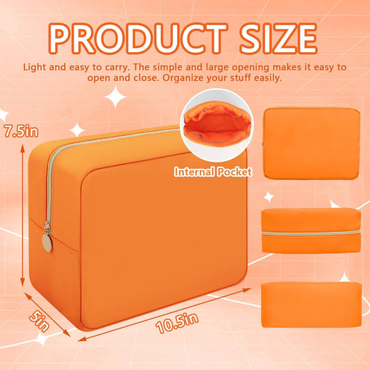 Iqimott Nylon Large Makeup Bag Travel Pouch, Preppy Cosmetic Organizer, Waterproof Toiletry Zipper Storage for Women Girls Teens (Orange)