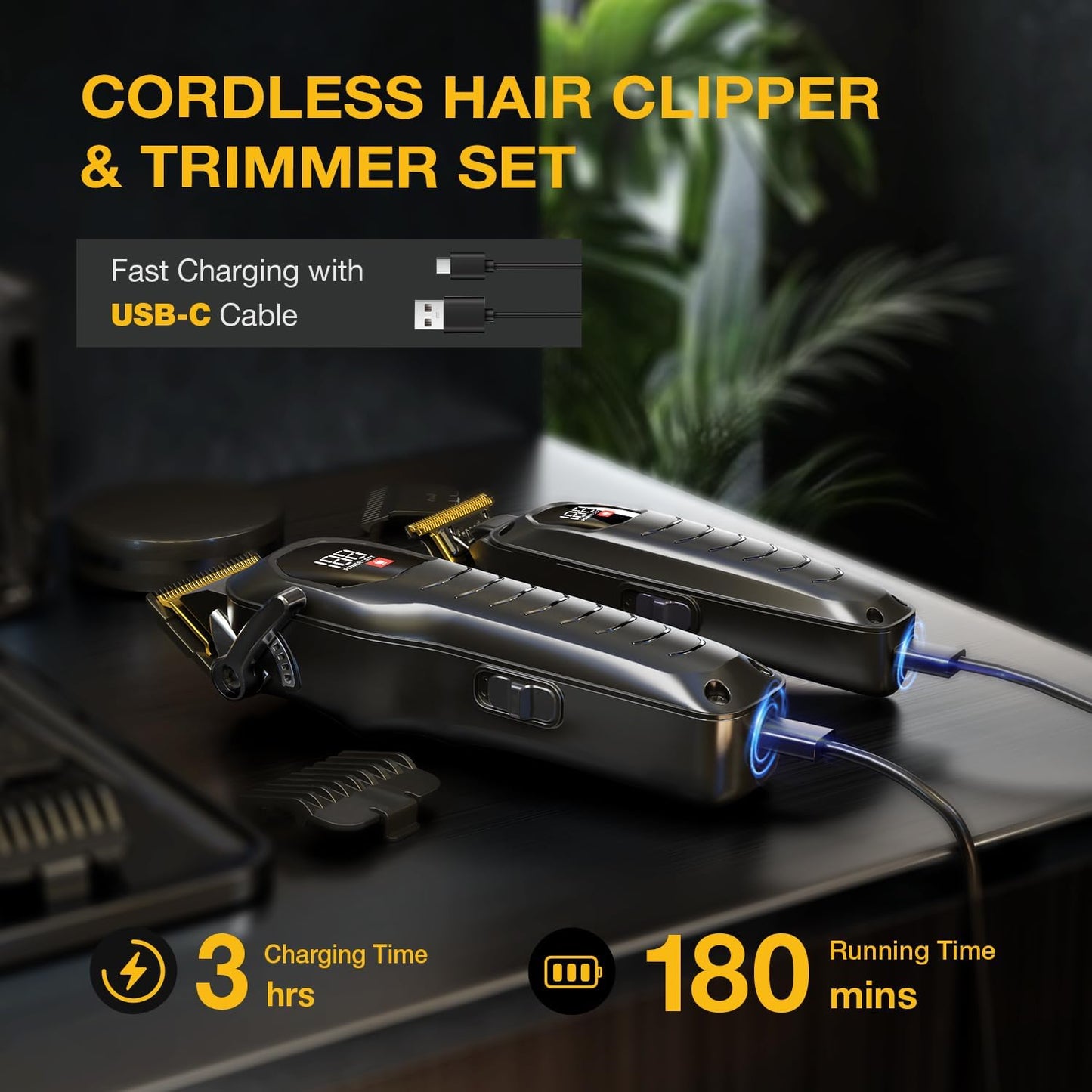 SUPRENT Cordless Hair Clippers for Men - Professional Hair Clipper & Trimmer Set, Wireless Hair Cutting Kit for Family, Rechargeable Cordless Hair & Beard Trimming Set for Men with LED Display (Black)