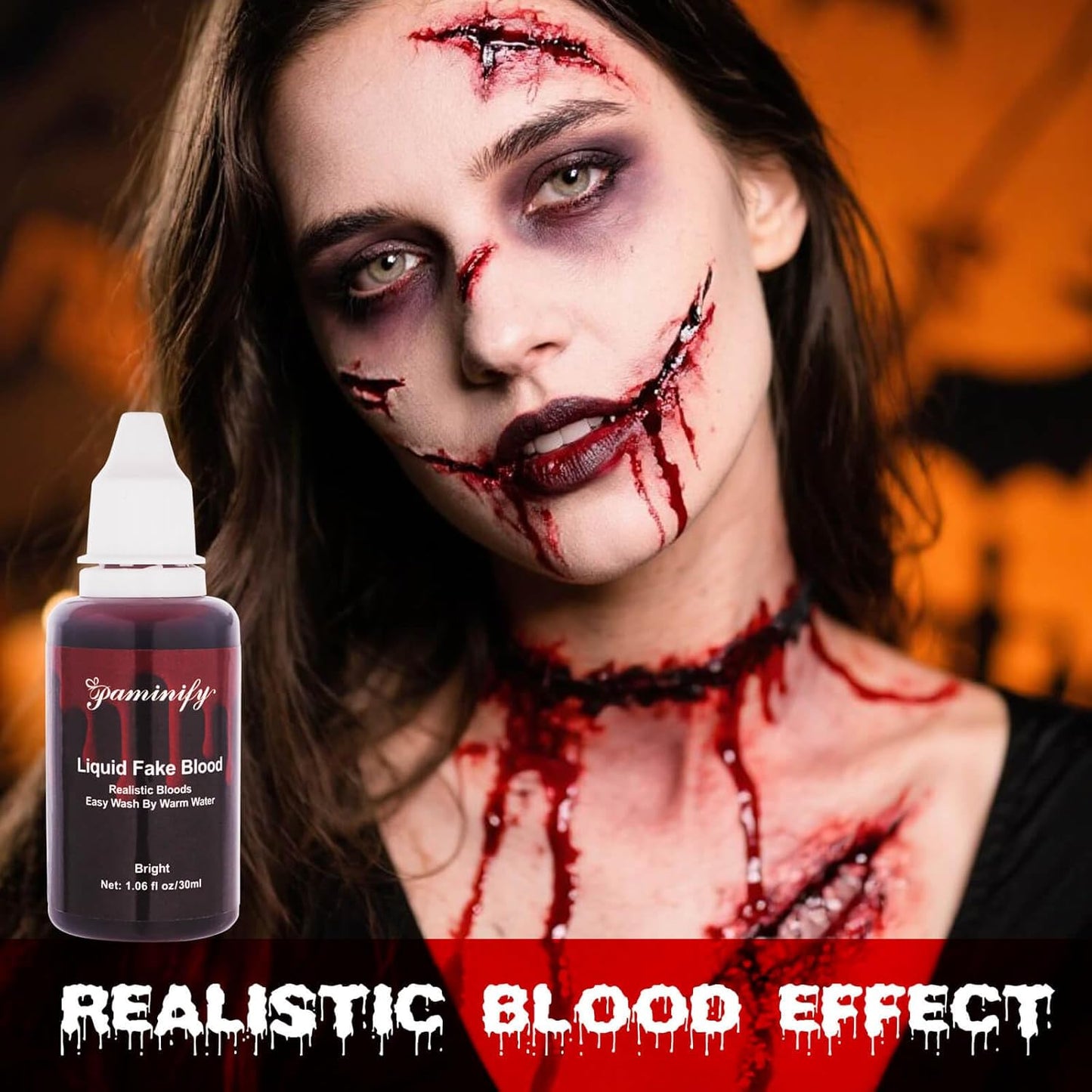 Halloween Fake Blood Washable with Stipple Sponge,1.06 Oz Edible Stage Blood Liquid for Face SFX Makeup,Body Paint Cospaly Dripping Fake Blood,Special Effect for Zombie Vampire,Bright