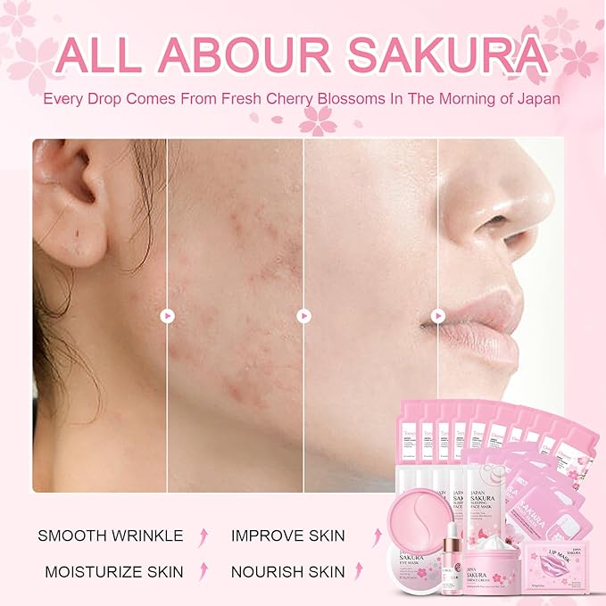 Skincare Set for Teenage Girls, Japan-Sakura Skin Care Products Set, Skin Care Sets & Kits, Cleanser, Toner, Serum, Cream, Sleep Mask,Eye Mask,Mud Mask,Lip Mask Beauty Products Daily Face Care 24PCS