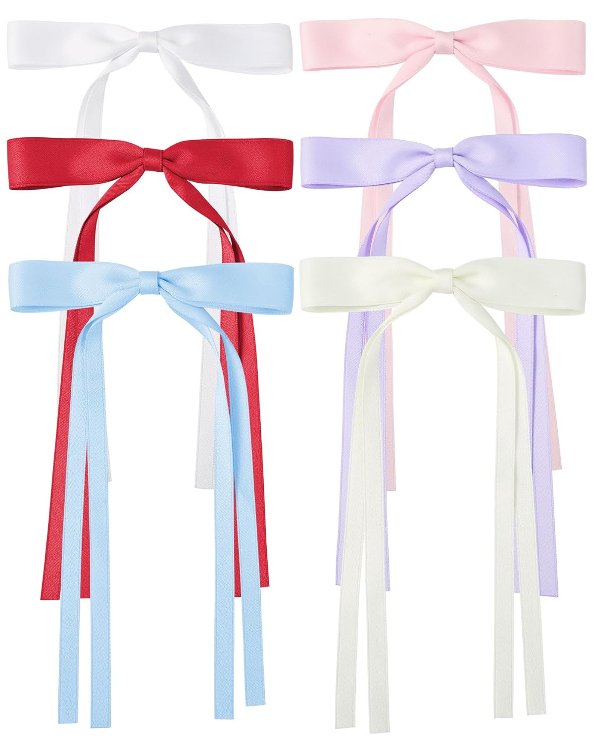 6Pcs Tassel Ribbon Hair Accessories for Women and Girls - Bowknot Clips with Long Tails in Assorted Colors (Blue/Pink/White/Beige/Purple/Red)