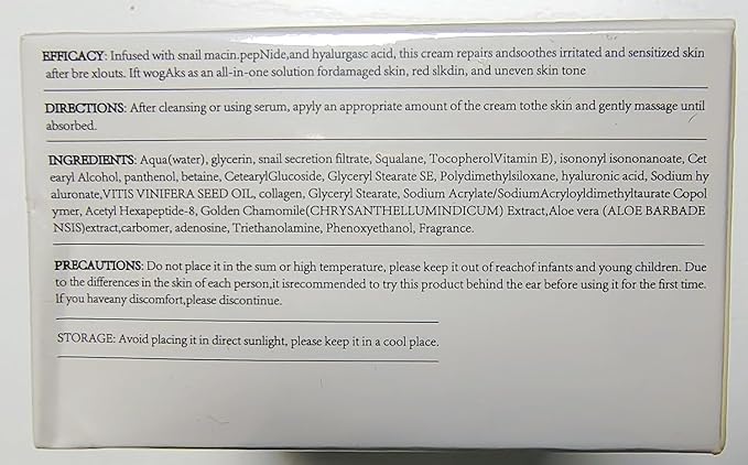 Korean Snail Mucin 93% Moisturizing Cream, Collagen Lifting & Firming Cream, Daily Facial Repair Gel for Dry/Sensitive Skin, Anti-Wrinkle Face Firming, Hydrating Serum Shrink Pores Acne, 3.52 oz; WNMS