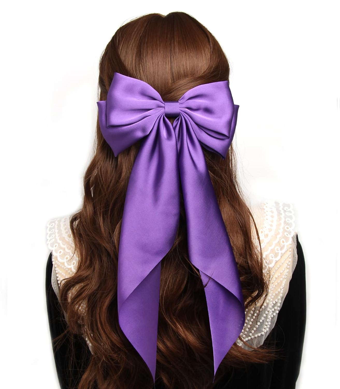 Satin Bow Hair Clips for Women,Big Bow Hair Slides Metal Clips Long Ribbon Hairpin Girls Barrettes Party Half-Updo Ponytail Accessories (2pcs Purple)