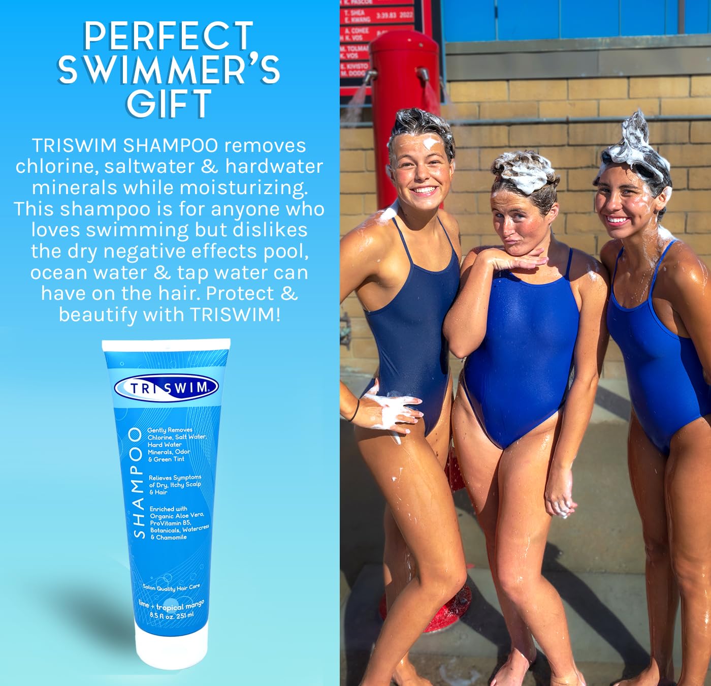 TRISWIM Chlorine Removal Shampoo 8.5oz | Removes Chlorine, Bromine, Hard Water Minerals & Saltwater| Hydrates & Restores Hair | Safe for Color-Treated Hair | Lime + Tropical Mango Scent