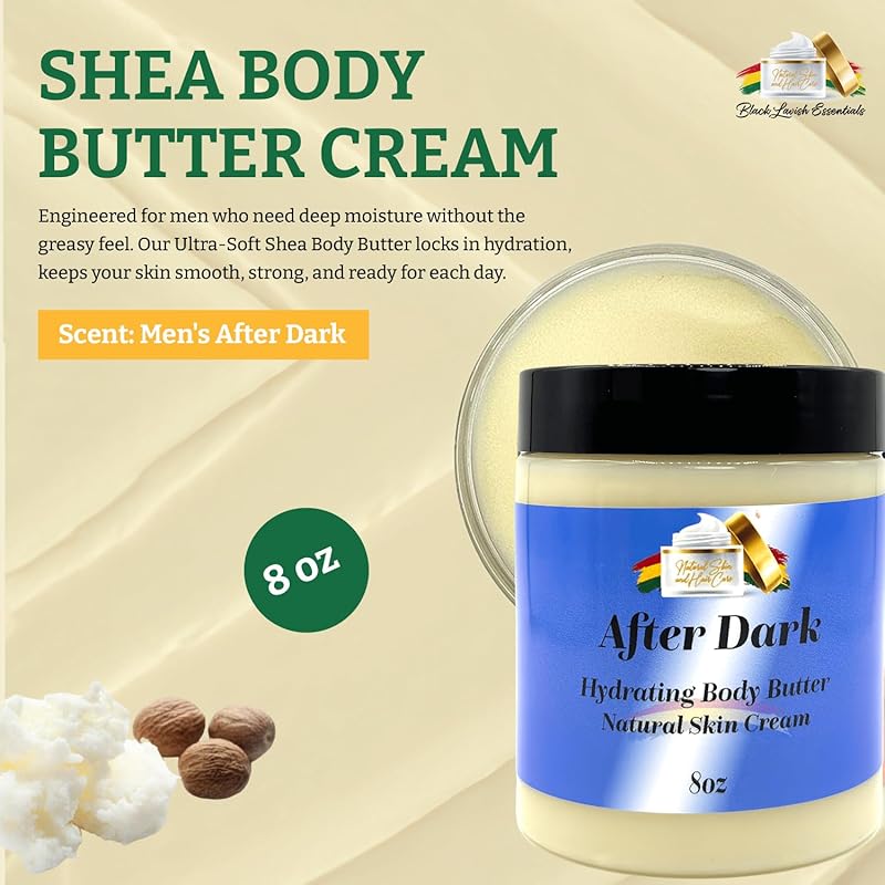 Ultra-Soft Shea Body Butter, Dry Skin Cream for Radiant Moisturized Skin, Natural Hydrating Body Lotion with Aloe Vera, Argan Oil, Rosehip Oil, (Men's After Dark, 8oz)