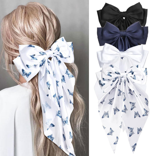 Silky Satin Hair Bows for Women Girls - 4PCS Ribbon Bows for Hair, Big Bow Hair Clips with Long Tail, Barrettes - Cute Hair Accessories Gifts (Black, Navy, Butterfly, White)