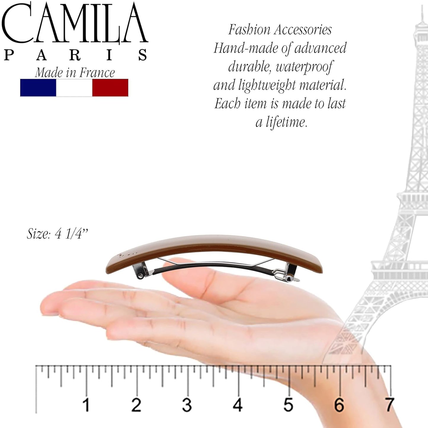 Camila Paris CP3443 French Hair Barrette Clip for Girls, Caramel, Rubberized Automatic Clasp Strong Hold Grip Hair Clips for Women, No Slip and Durable Styling Girls Hair Accessories, Made in France
