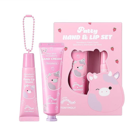 TONYMOLY x Squishmallow Patty the Cow 2 PC Hand Cream & Lip Gloss Set, Strawberry Hand Cream, Strawberry Shortcake Lip Gloss