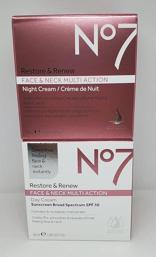 No7 Restore & Renew FACE & NECK MULTI ACTION Day/Night Creams 2 x 50ml