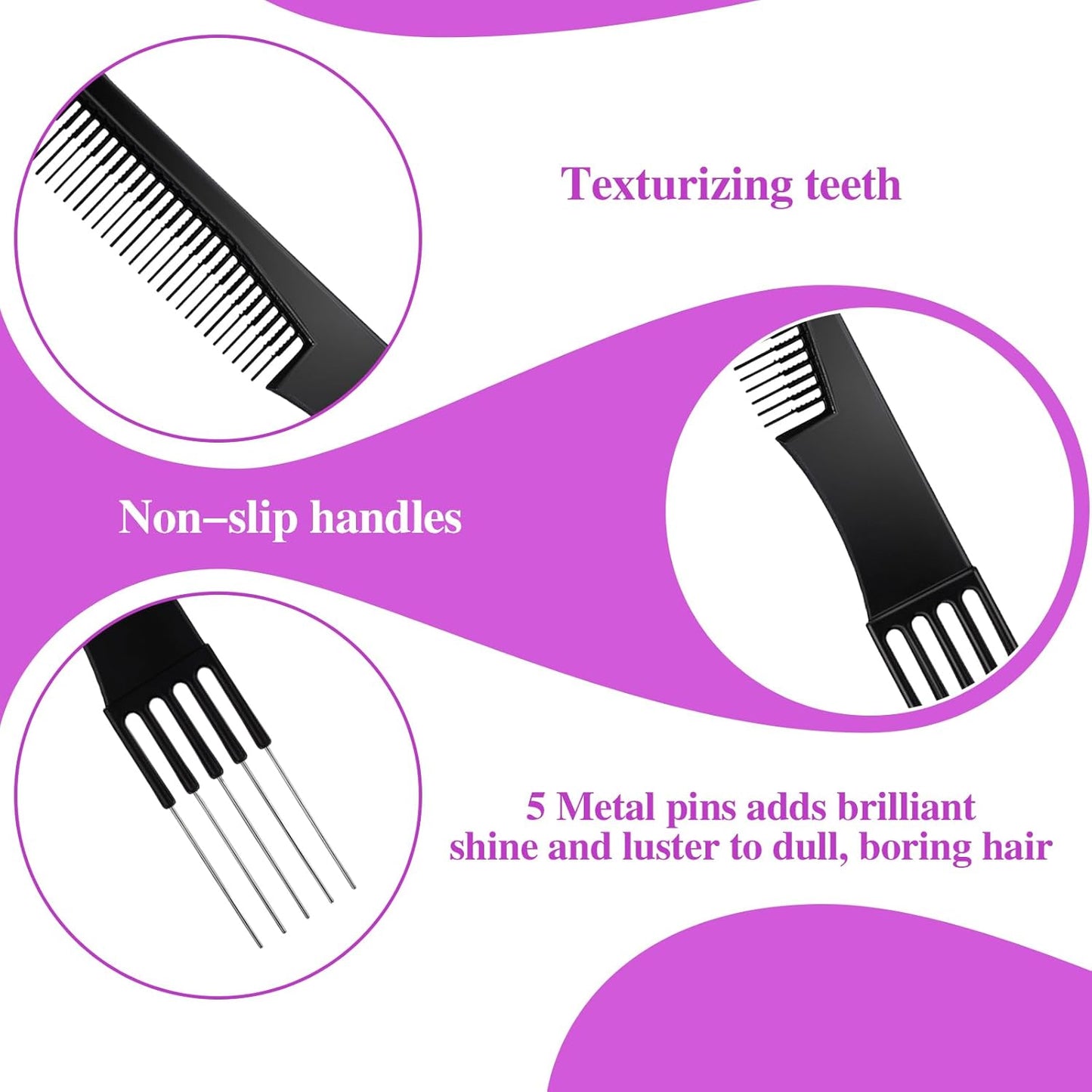 Double-Head Parting Teasing Comb, 6 Pcs Black Metal Prong Pick Combs Parting for Women Picking Comb for Hair Styling Salon Thick Thin Hair