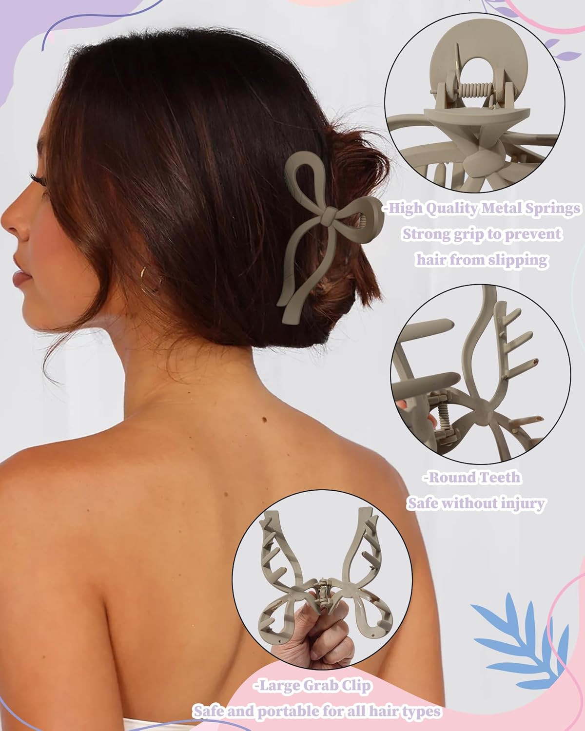 4 PCS Bow Hair Clips Bow Claw Clip for Women Nonslip Large Hair Claw Clips for Thin and Thick Hair Strong Hold Hair Bows (Black+Light Brown+Off-White+Dark Brown)