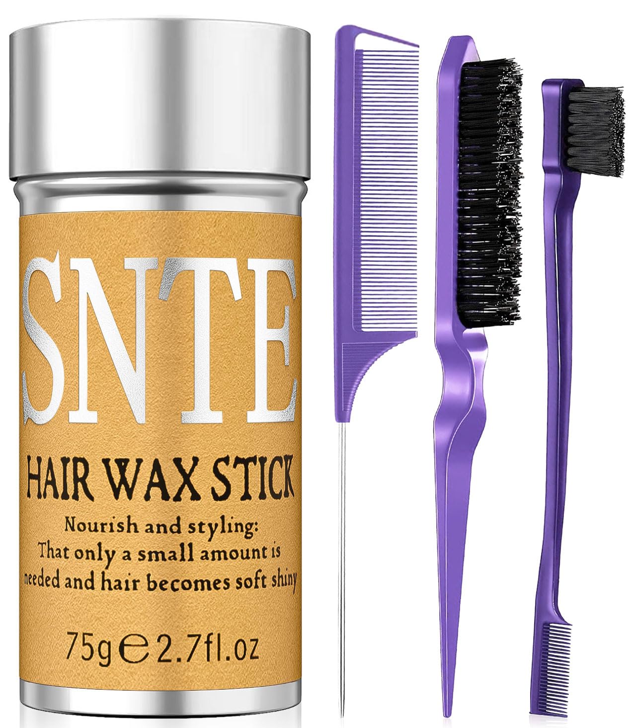 Slick Back Hair Brush (Purple), Hair Wax Stick Set, Taming Flyaways for Sleek Ponytail & Bun Styling, Hair Accessories for Teen Girls, Kids, and Women