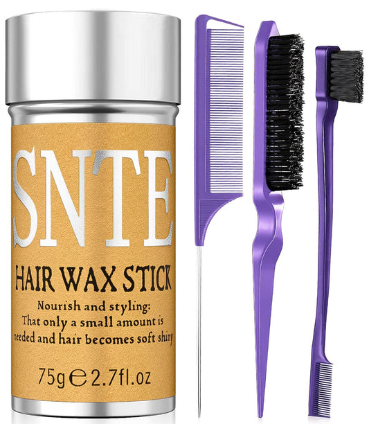Slick Back Hair Brush (Purple), Hair Wax Stick Set, Taming Flyaways for Sleek Ponytail & Bun Styling, Hair Accessories for Teen Girls, Kids, and Women