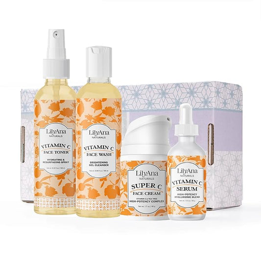 LilyAna Naturals Vitamin C Skincare Gift Set - Brightening and Anti-Aging Skin Care Products - Vitamin C Serum and Hyaluronic Acid - 4 Piece Set