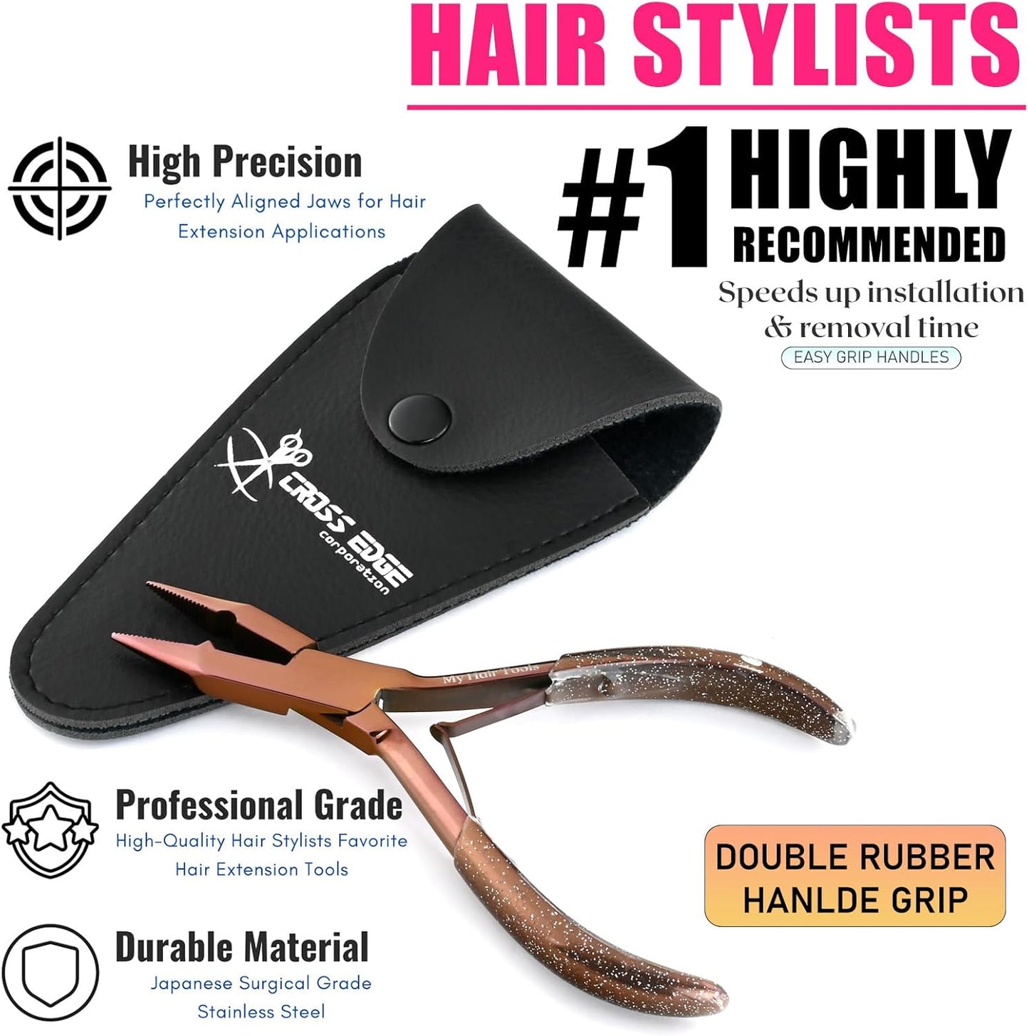 Professional Hair Extension Tools Microlink Bead Remover Plier for Hair Extensions Removal Micro Ring Beads Opener 5.5 Inch Pliers Silver Polish Stainless Steel (Rose Gold Glitter Applicator)