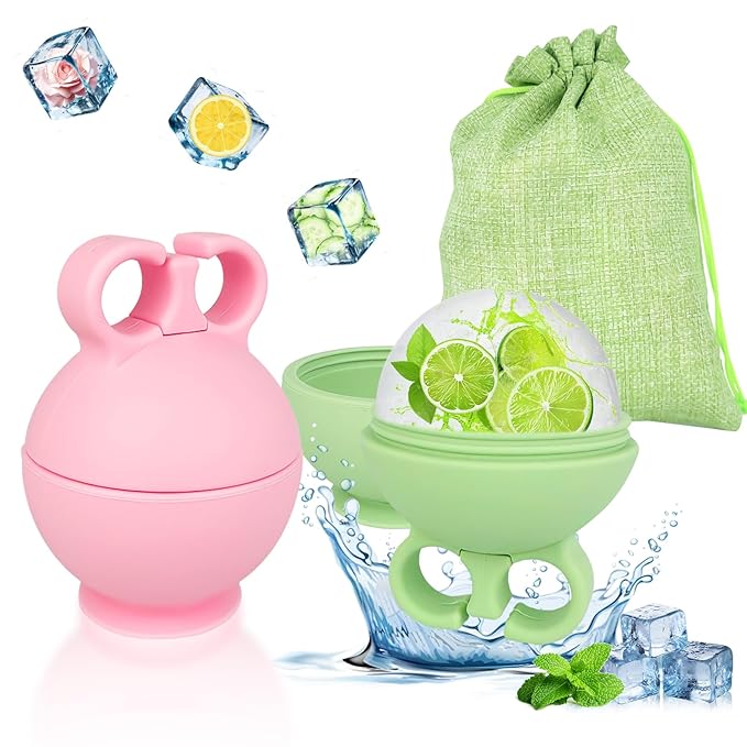 2 Pack Ice Roller for Face, Ice Face Roller for Eye Neck Body, Ice Cube Roller Massager Gua Sha Tool, Eliminates Puffiness, Reusable Facial Ice Mold, De-Puff Eye Bags, Beauty Care (Pink and Green)