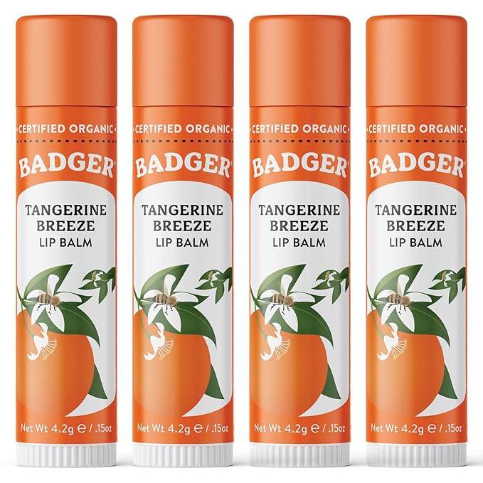 Badger Tangerine Breeze Classic Lip Balm, 100% Organic Lip Balm, Long Lasting Lip Care w/Light Silky Texture, Bright & Cheerful Lip Balm for Kids & Adults, 4 Pack