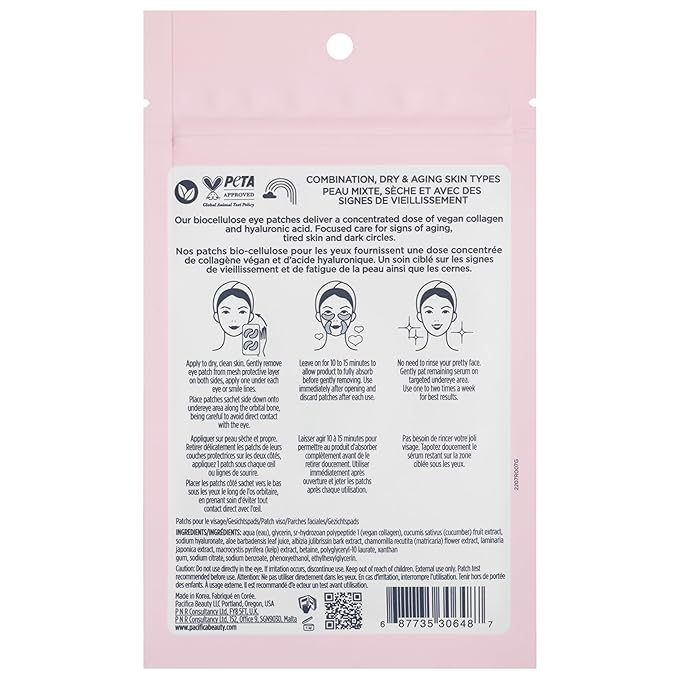 Pacifica Vegan Collagen Undereye & Smile Line Patches – Hydrating Hydro-Treatment Mask for Fine Lines & Wrinkles, Plumping Under Eye & Laugh Line Gel Pads, Unscented, 100% Vegan (2 Patches)